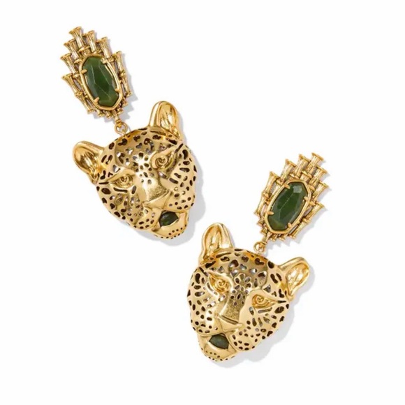 Sold Out Kendra Scott Maura Vintage Gold Jaguar Earrings in Sage Serpentine - Picture 3 of 13
